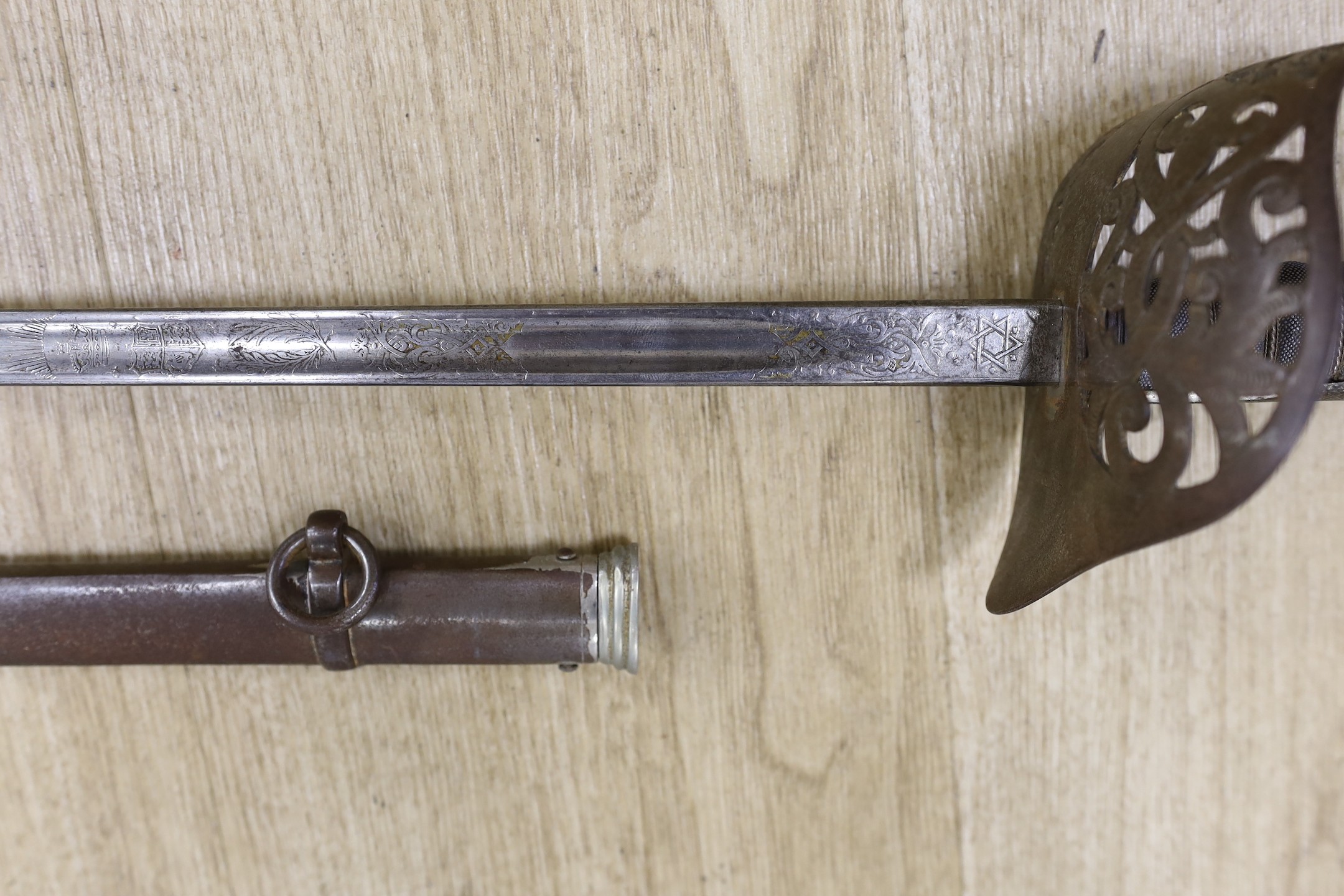 A George V officers sword with scabbard and a bayonet, sword100cm long